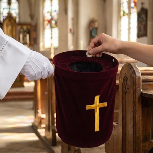 Bolsa de iglesia de terciopelo rojo con asas de madera para colecta y comunión 5