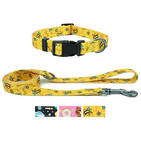 Garwor Dog Collar and Leash Set, 3 Fun Patterns Adjstable Dog Collar with Safety Lock Buckle and D-Ring, 5 ft Matching Dog Leash(M, Yellow Bee) Cover
