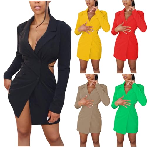 HGps8w Women's Sexy Cutout Waist Blazer Dresses, Double Breasted Long Sleeve V Neck Suit Jacket Mini Dress2