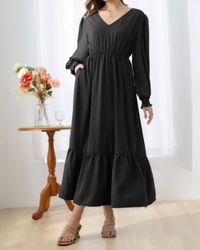 Women's Black Puff Long Sleeve Empire Waist Flowy Maxi Dress with Pockets - image 5