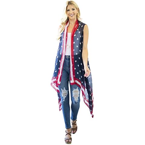 American Flag Print Cardigan - July 4th USA Star & Stripe Patriotic Lightweight Shawl Open Kimono Cardi/Vest Cover (US, Alpha, One Size, Regular, Regular, Long Vest - USA Stars) Cover