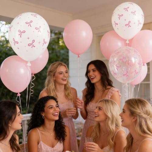 Image of 12 Inch Pink Bow Balloons Set 60 Pcs Pastel Pink White Clear Bow Print Latex Balloons for Princess Birthday Bridal Shower Wedding Party Decorations