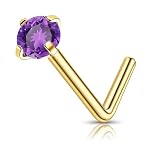 Enticera 2mm 14k Gold Plated G23 Titanium L Shaped Nose Rings Studs for Sensitive Skin Hypoallergenic 20g Cubic Zircon Handmade Thin Nose Rings L Shaped Nose Piercings Studs for Women Men Purple