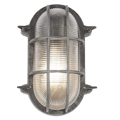Britalia Black Silver & Ribbed Glass Outdoor Vintage Oval Flush Bulkhead Wall Light | 248mm Length | IP44 Rated | 1 x ES E27 Lamp Bulb Required | Bathroom Use | UK Approved