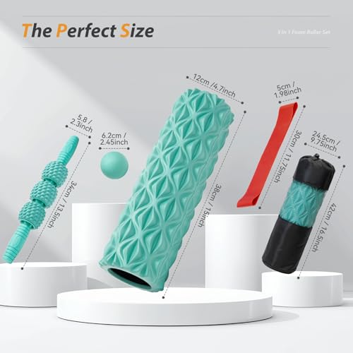 5-in-1-Foam-Roller-Set-Medium-Density-Back-Foam-Roller-Muscle-Roller-Stick-Massage-Ball-Exercise-Bands-Trigger-Point-Release-for-Deep-Muscle-Massage-Pilates-Yoga-Fitness-Exercise-for-Whole-Body