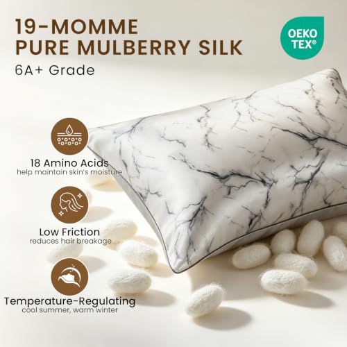 Image of THXSILK Natural Mulberry Silk Pillow Case, Mulberry Silk Pillowcase for Hair and Skin, Hypoallergenic Soft Breathable Pillow Cover with Hidden Zipper, 1pc (Grey Marble, Standard 20 inchx26 inch)