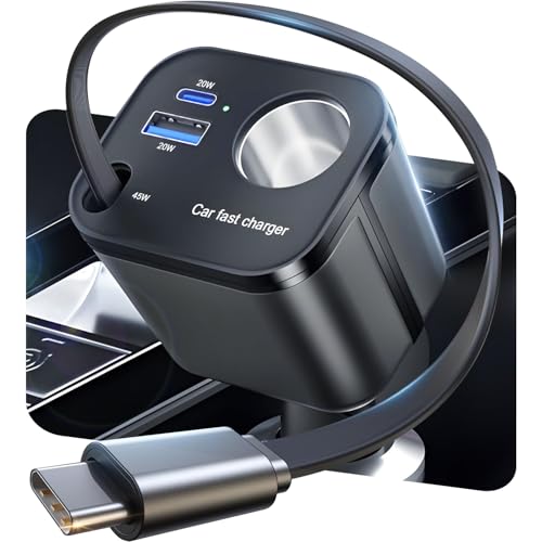 4 IN 1 Zigarettenanzünder USB C Verteiler-2026 Super Kompakt 145W Auto Ladegerät 24/12V KFZ Ladegerät mit Einziehbare Kabel Mini USB Adapter Auto Schnellladegerät Steckdose für iPhone 17 Pro Max