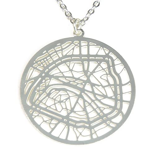 Paris City Map Pendant Necklace For Women & Girls - 925 Sterling Silver Plated Necklace Set - Beautiful Gift - Precision Laser Cut Jewelry Incredible Detail - Hypoallergenic & Adjustable (Silver) #TOP21