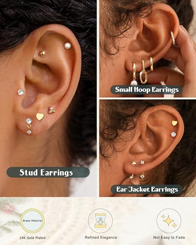Hypoallergenic 14K Gold Plated Stud Hoop Earrings for Women Lightweight Small Chunky Huggie Hoops Surgical Stainless Steel Stud Earring Dainty Cartilage Earrings Stacks for Women Jewelry Gifts2