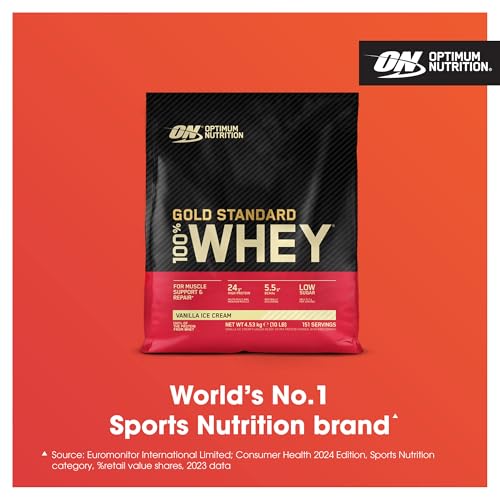 Optimum Nutrition Gold Standard 100% Whey Muscle Building and Recovery Protein Powder With Naturally Occurring Glutamine and BCAA Amino Acids, Vanilla Ice Cream Flavour, 151 Servings, 4.53 kg - Image 3