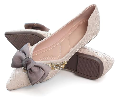 SAILING LU Pointed Toe Flats Shoes Bow Ballet Flats for Women Crystals Wedding Dress Shoes Comfort Light Weight Loafers Apricot Size 94
