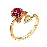 TABOJS Exquisito Anillo de Hojas y Flores de Rosa roja, Anillos Abiertos Ajustables en 3 Colores, joyería de Regalo para el Día de San Valentín para Mujer