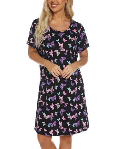 ENJOYNIGHT Womens Nightgowns Cotton Sleepwear Plus Size Sleep Shirts Short Sleeves Nightshirt Print Sleepshirt (Medium, Black Flying) - Thumbnail 2