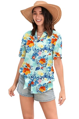 Image of SANGTREE Girls & Women's Hawaiian Shirts Button Down Short Sleeve Floral Tropical Shirt Beach Vacation Blouse Tops