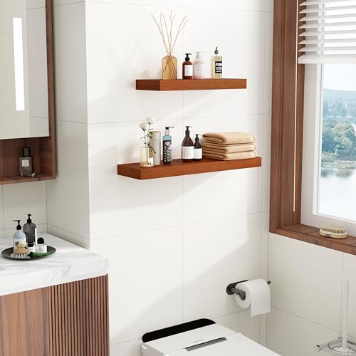 Marsmiles Wooden Floating Shelves 24 Inch, Rustic Wall Mounted Shelves Cherry Wood Color Set of 2, Solid Pine Wood Shelves for Bathroom Kitchen Living Room Bedroom - Cherry Walnut - Image 3