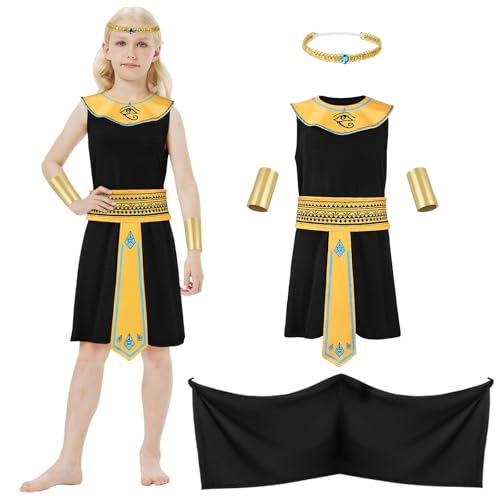 DiULi Disfraz Egipcia Infantil, Egipcia Vestido Niña con Chal, PU Brazalete, Cuello Desmontable, Cinturón y Vestido de Cabeza, Disfraces Grecia Diosa Niños para Carnaval, Cosplay, Halloween (Negro)