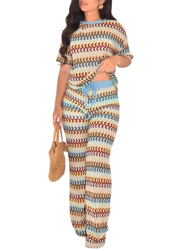 Two Piece Cover Up Sets for Women Crochet Knit Hollow Out Striped Short Sleeve Tops Wide Leg Pants Sweater Outfits