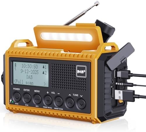 Tragbares DAB+/DAB/FM Radio mit 5000mAh, Kurbelradio mit Preset-Funktion | Akku Digitalradio mit Doppel Alarm Solar Radio Dynamo Radio mit LED Camping Licht SOS-Alarm für Wandern N