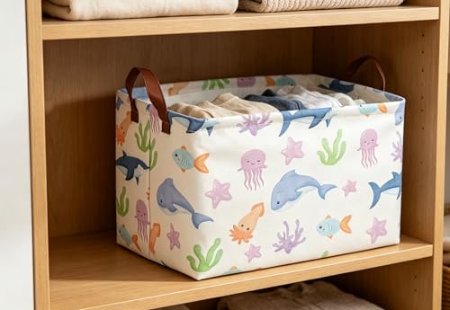 Image of Essme Rectangular Basket, Storage Basket with Handles for Room Decor,Ocean Storage Bin(Ocean)
