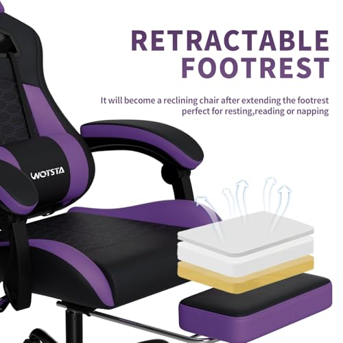Image of Gaming Chair with Massage,Ergonomic PC Gaming Chair with Footrest Comfortable Headrest and Lumbar Support,High Back Game Chair PVC Leather,300LBS (BlackPurple)