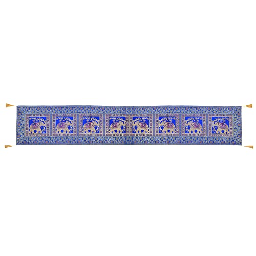 Image of E-EZRA Decorative Dining Table Runner Silk Runners Ends Tassels on Both Sides Banarasi Brocade Silk Tablecloth Decorative 6 Seater Runner Long Size 16x60 Inch (Royal Blue)