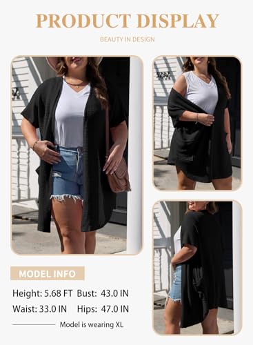 Eytino Womens Plus Size Open Front Cardigans Casual Short Sleeve Waffle Knit Kimono Tops Solid Long Cover-ups,4X Black