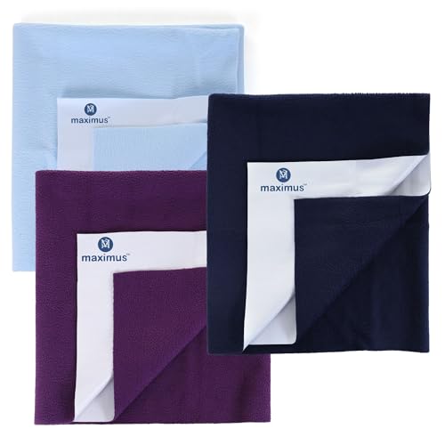 Image of Maximus Waterproof Quick Dry Sheet for Baby Pack of 3 | Bed Pad Extra Absorbent Washable Matress Protector | Bed Protector Sheet for Toddler Children (140x100cm) (NBLUE, SBLUE & Purple, Large)