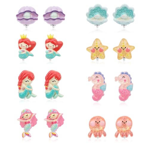 8 Pairs Princess Clip Earrings, Little Girl Dress up Princess Accessories Cute Mermaid Clip on Earrings Children Non Pierced Earrings Kids Clip Earring and Earring Set for Party Favor