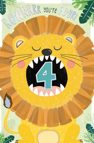 Wishing Well Cute 4th Birthday Card with Fun Lion Illustrations 5x8ins Studios