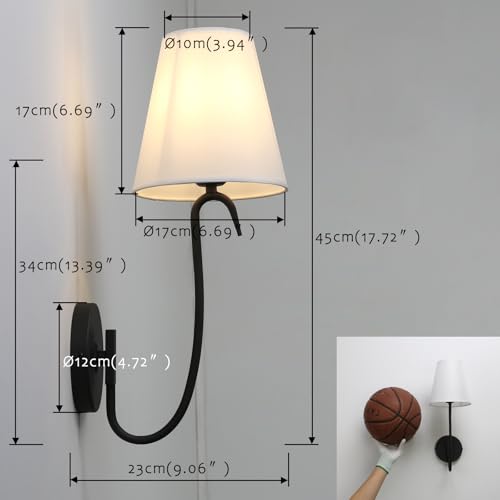 Image of Swan Neck Wall Sconce Fixture 1-Light with White Fabric Shade, Indoor Hardwired Rustic Boho Wall Light for Living Room Bedroom Bedside Nightstand Light