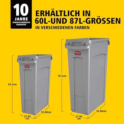 Rubbermaid Commercial Products Slim Jim Mülleimer mit Luftkanälen 60L Schwarz – Abfallbehälter für Küche, Büro & Arbeitsplatz, Kunststoff – 1955959