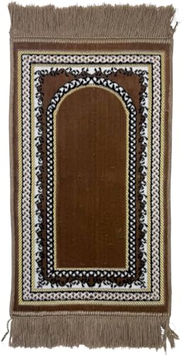 Modefa Turkish Islamic Velvet Prayer Rug - Soft Small Child Praying Carpet - Muslim Janamaz Sajada for Kids & Toddlers - Ramadan or Eid Gift for Boys & Girls - Lattice (Vine Border Arch Mink Brown)