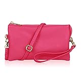 Convertible Vegan Leather Wallet Purse Clutch - Small Handbag Phone/Card Slots & Detachable Wristlet/Shoulder/Crossbody Strap (Pebbled - Hot Pink)
