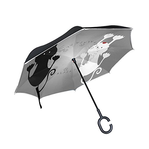 ISAOA invertido paraguas resistente al viento doble capa reversible plegable paraguas para coche, mango en forma de C paraguas tan lindo negro gato y blanco paraguas para mujer a