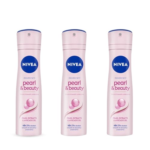 NIVEA Pearl & Beauty Antiperspirant Spray for Women, 0% Alcohol, Gentle Skin Care, Long-Lasting Freshness, Pearl Extract for Smooth Underarms, Dermatologically Tested, 150ml, Pack of 3