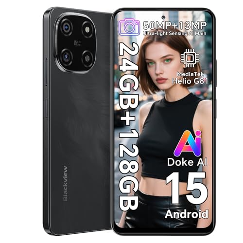Blackview Color 6 Unlocked Mobile Phones, (2025) Newest, 24GB+128GB/2TB, 50MP+13MP AI Camera, 5000mAh/18W, Dual SIM Smartphone, 4G Android 15 Smart Phone, 5G WiFi/OTG/GPS, Fingerprint/Face ID, Black