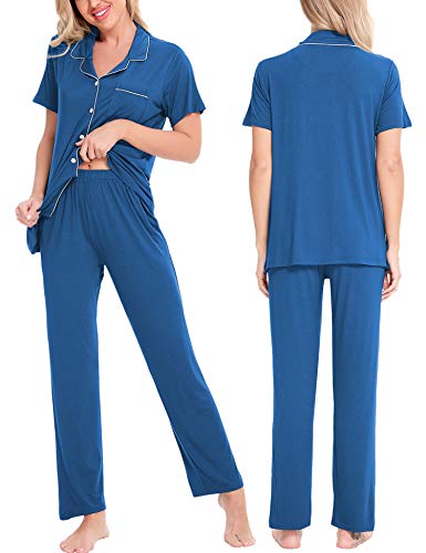 Image of SWOMOG Women Pajama Sets Two-Piece Nightwear Short Sleeve Sleepwear Button Down Pj Lounge Sets with Long Pants