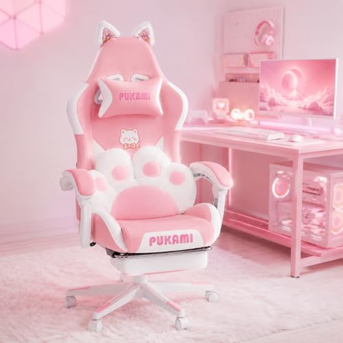 Waleaf Cute Gaming Stuhl Pink mit Katzenpfote Lendenkissen und Katzenohren, Ergonomischer Gamer Sessel mit Fußstütze, Verstellbarer Schreibtischstuhl Pu Leder für Mädchen, Gaming Chair 140kg, Rosa