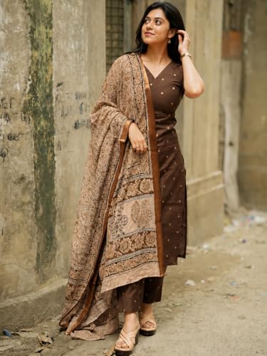 Image of GoSriKi Kurta Set Women Viscose Printed | Kurti Set Woman | Kurta Pant Dupatta 3 Piece Outfit | V-Neck Elbow Length Sleeve Straight Fit Ethnic Wear Ladies Dress Stylish Traditional Clothing