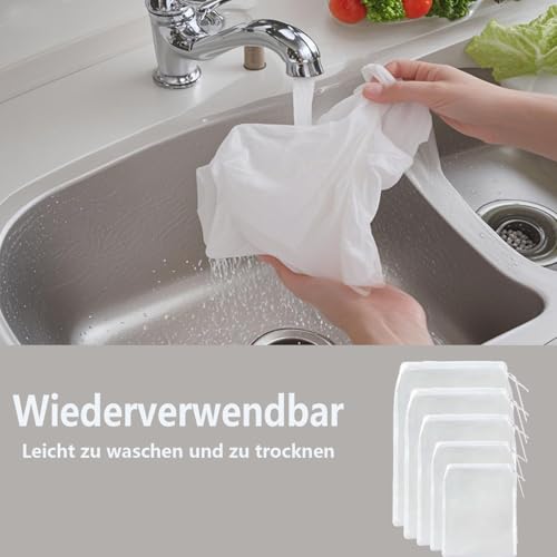 QILEMI Filterbeutel Siebbeutel 200 Micro Brew Bag Nylon 5 STK Verschiedene Größen Nussmilchbeutel Bio Waschbar Brew Bag mit Kordelzug Wiederverwendbar Geeignet für Wein Bier Sojamilch und Saft