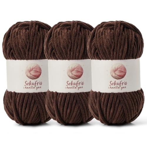 3 Pack Chunky Chenille Yarn for Crocheting, Baby Yarn for Crocheting Soft Blanket, 262.4 yds /10.5 oz Crochet Yarn, Bulky 5 Amigurumi Yarns, Fluffy Velvet Yarns for Knitting Crafts (3 Coffee) by Sekafris - Used condition - US$10.54