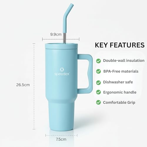 Image of Speedex 1200 ml Insulated Stainless Steel Tumbler with Handle, Straw & Cleaning Brush, Double Wall Leakproof Sipper Bottle, 24H Cold 18H Hot, Cup Holder Fit Travel Mug for Men Women (Sky Blue, 1.2 l)