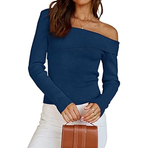 ZESICA Women's Sexy One Shoulder Ribbed Knit Crop Wrap Casual Long Sleeve Solid Sweater Pullover Top, Navy, Large Cover