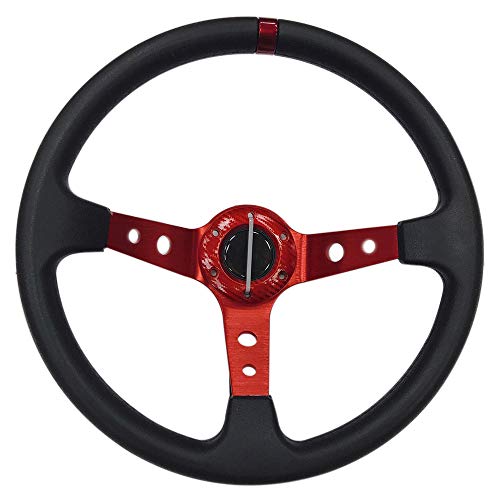 idain Universal Fit 350mm Racing Steering Wheel 3 Aluminum Spokes 6 Bolts Steering Wheel with ABS Horn Button (Red)