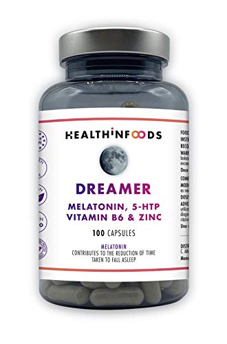 Melatonina Pura 1,95 mg,5HTP,Vit B6,Zinc,Valeriana,Melisa,Pasiflora-DREAMER Healthinfoods-Facilita Relajación y Mejora Calidad del Sueño y estado de ánimo-Reduce Ansiedad,Estrés,Insomnio.100 Cápsulas
