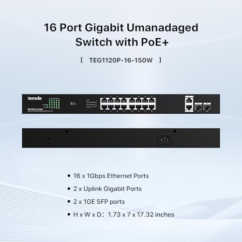 Image of Tenda 20 Port Gigabit PoE Switch | Rackmount PoE Ethernet Switch | 16*PoE+ Port & 2*Gigabit Uplink & 2*SFP Slot | Up to 150W | Smart Power Management | One-Key VLAN / Priority / Extend Mode (TEG1120P)