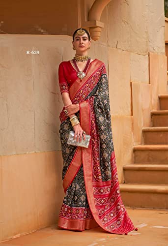 Sari traditionnel en soie noir semi-cousu ajustement sur mesure