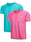 2 Pack Girls Athletic Dry-Fit T-Shirt, Round Neck Moisture Absorbing and Sweating Short Sleeves, Solid Color Basic Teen Sports Tops