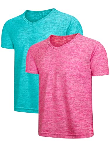 2 Pack Girls Athletic Dry-Fit T-Shirt, Round Neck Moisture Absorbing and Sweating Short Sleeves, Solid Color Basic Teen Sports Tops