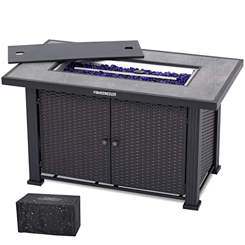 44" Propane Fire Pit Table, 50000BTU Rectangle Fire Table with Cover & Rain Cover, Sturdy Steel and Iron Fence Surface, CSA Safety Certified, Companion for Your Garden (Double Door)